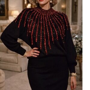 Vtg 80s M Medium Sweater Sequin Silk Angora Lambswool Dolman Sleeve Old Money